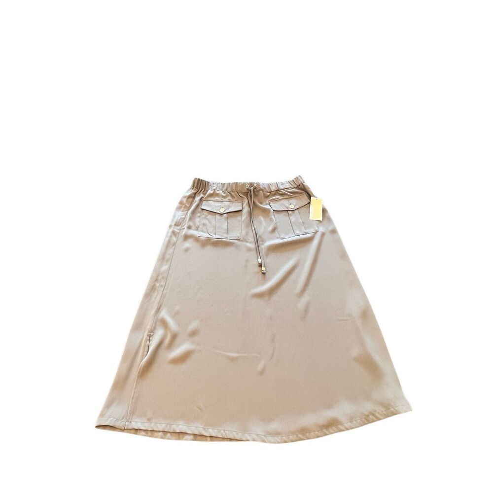 Michael Kors Women's Drawstring Flap Pockets Midi Skirt Safari Green Size 12 NWT
